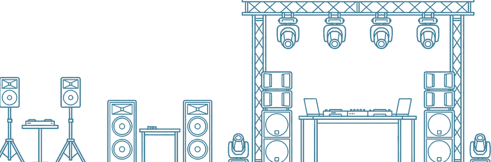 Producción completa de boda: truss con cabezas móviles, altavoces de potencia y cabina de DJ para la barra libre